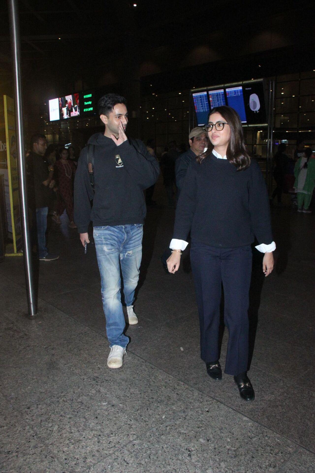Ikkis star Agastya Nanda was spotted at the sirport with his sister Navya Naveli Nanda as they twinned in black.